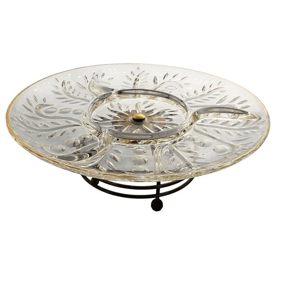 Federal Glass Lazy Susan 11.5" brass stand appetizers rustic charcuterie 4 part - Picture 1 of 10